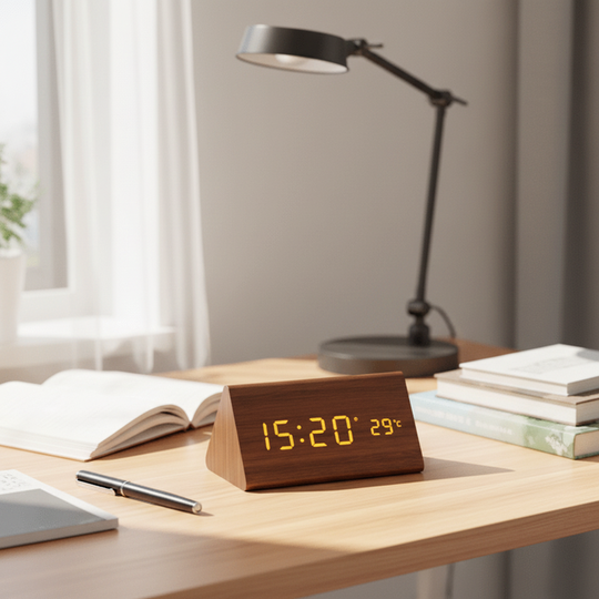 Sveglia digitale in legno – Display LED e controllo vocale