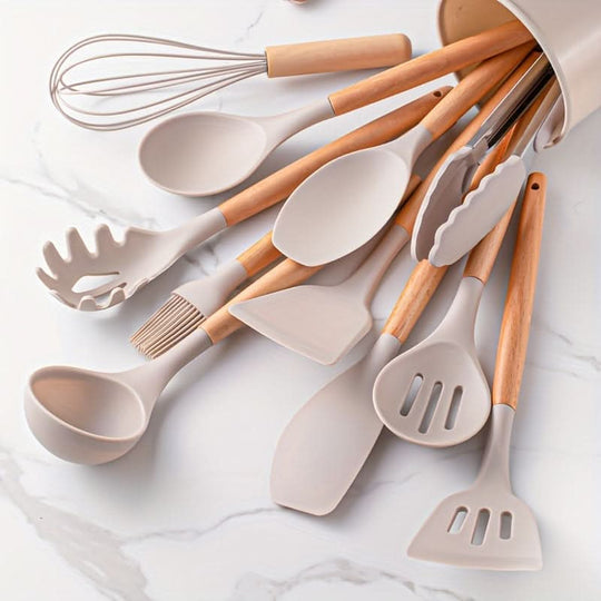12-Piece Silicone Kitchen Utensil Set | Cookware with Wooden Handles