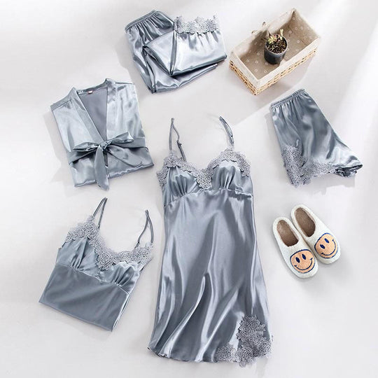 3-Piece Sleepwear Set | Elegant Lace Top, Shorts, and Robe