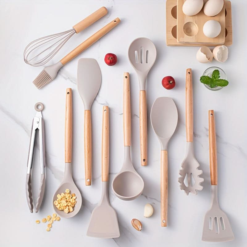 12-Piece Silicone Kitchen Utensil Set | Cookware with Wooden Handles
