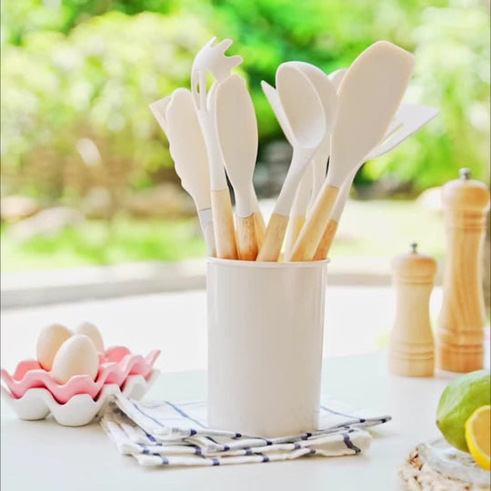 12-Piece Silicone Kitchen Utensil Set | Cookware with Wooden Handles
