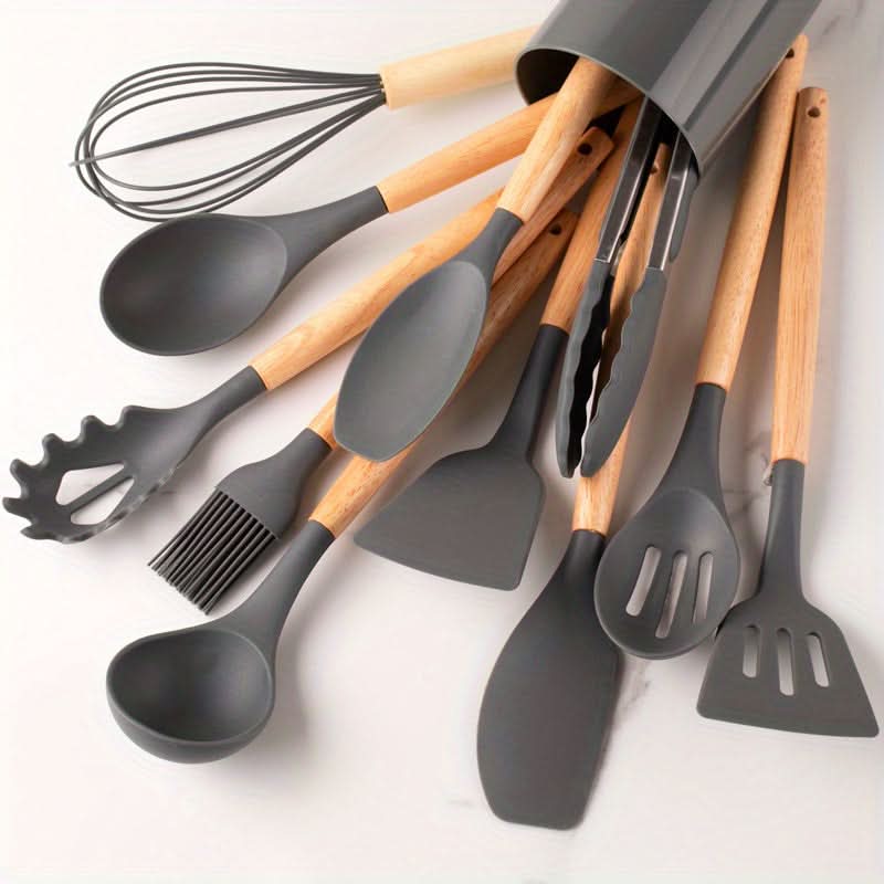 12-Piece Silicone Kitchen Utensil Set | Cookware with Wooden Handles