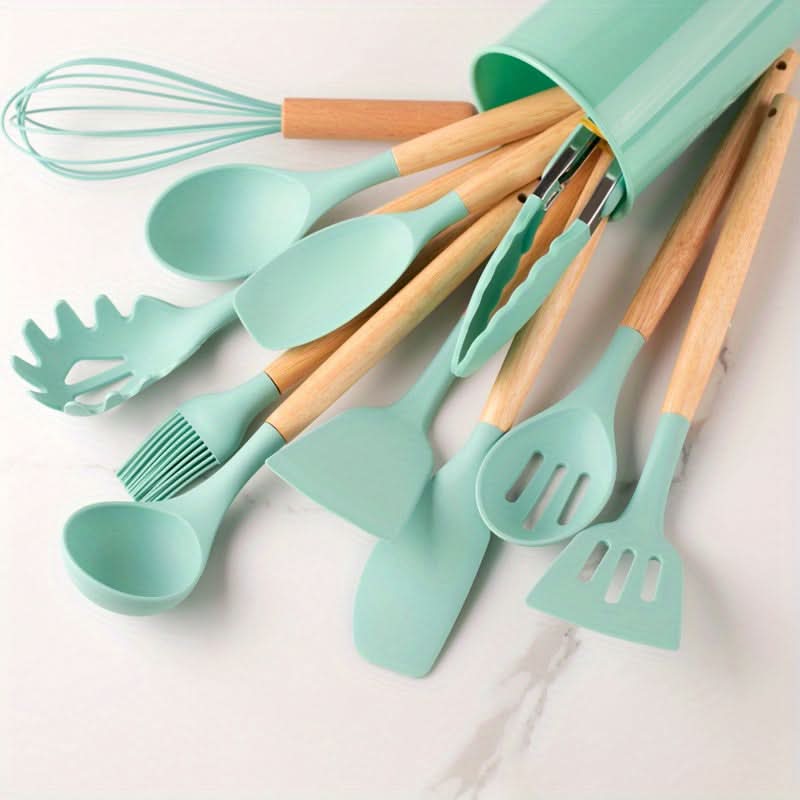 12-Piece Silicone Kitchen Utensil Set | Cookware with Wooden Handles