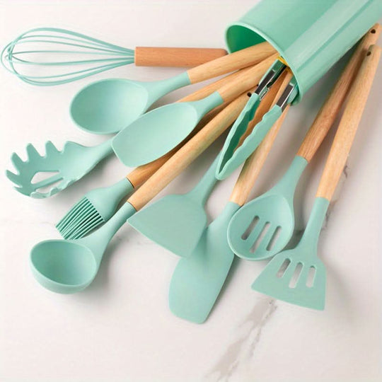 12-Piece Silicone Kitchen Utensil Set | Cookware with Wooden Handles
