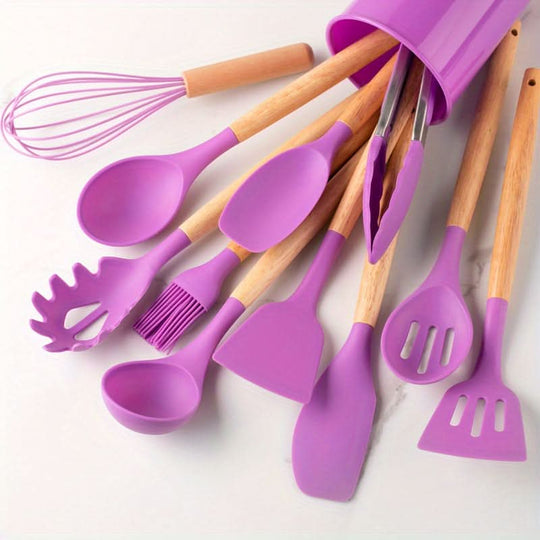 12-Piece Silicone Kitchen Utensil Set | Cookware with Wooden Handles