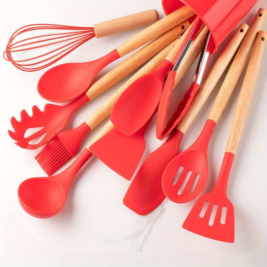 12-Piece Silicone Kitchen Utensil Set | Cookware with Wooden Handles