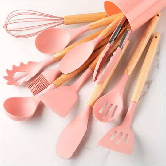12-Piece Silicone Kitchen Utensil Set | Cookware with Wooden Handles