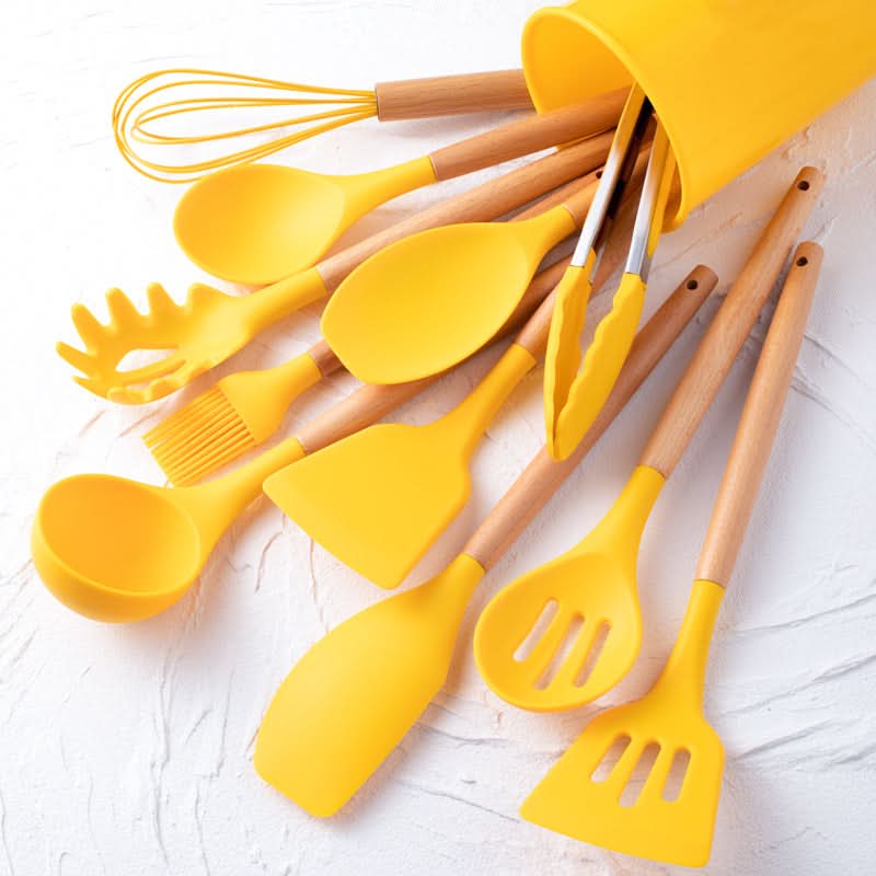 12-Piece Silicone Kitchen Utensil Set | Cookware with Wooden Handles
