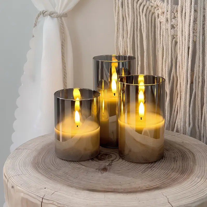 3-Pack Flameless LED Candles | Gray Pillar Set with Remote Control &amp; Realistic 3D Wick