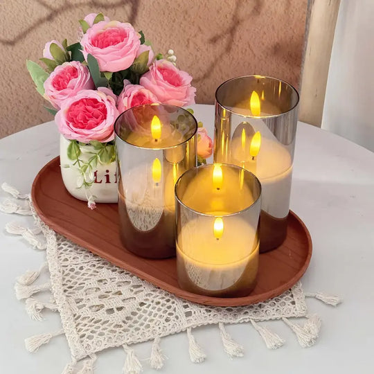 3-Pack Flameless LED Candles | Gray Pillar Set with Remote Control &amp; Realistic 3D Wick