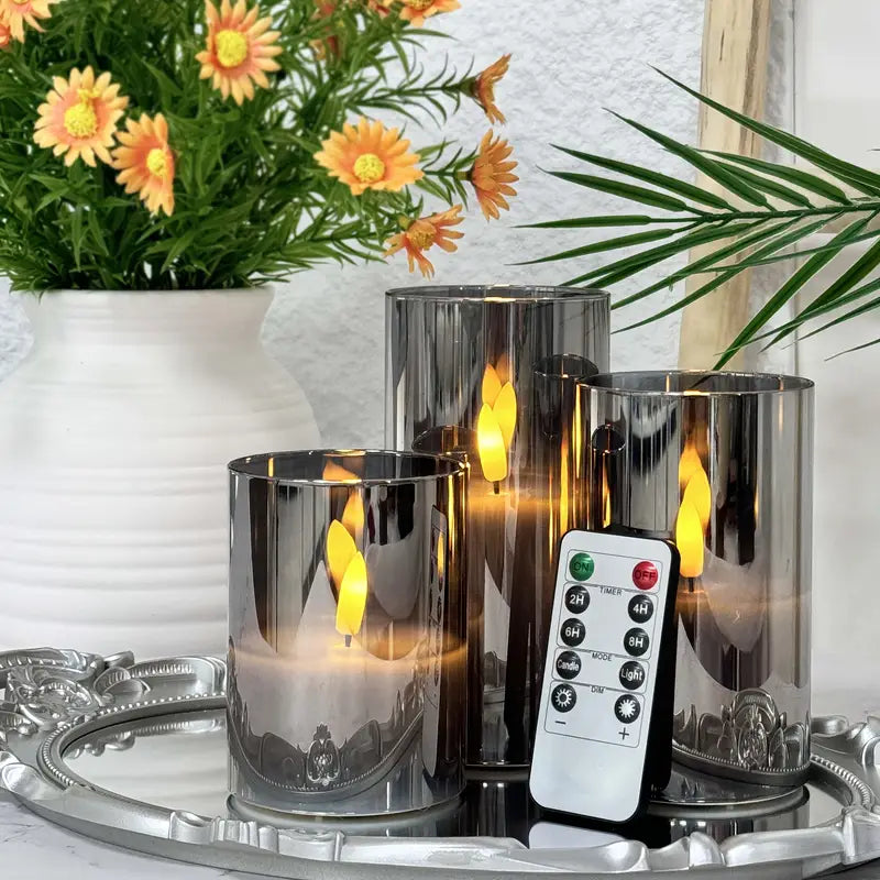 3-Pack Flameless LED Candles | Gray Pillar Set with Remote Control &amp; Realistic 3D Wick