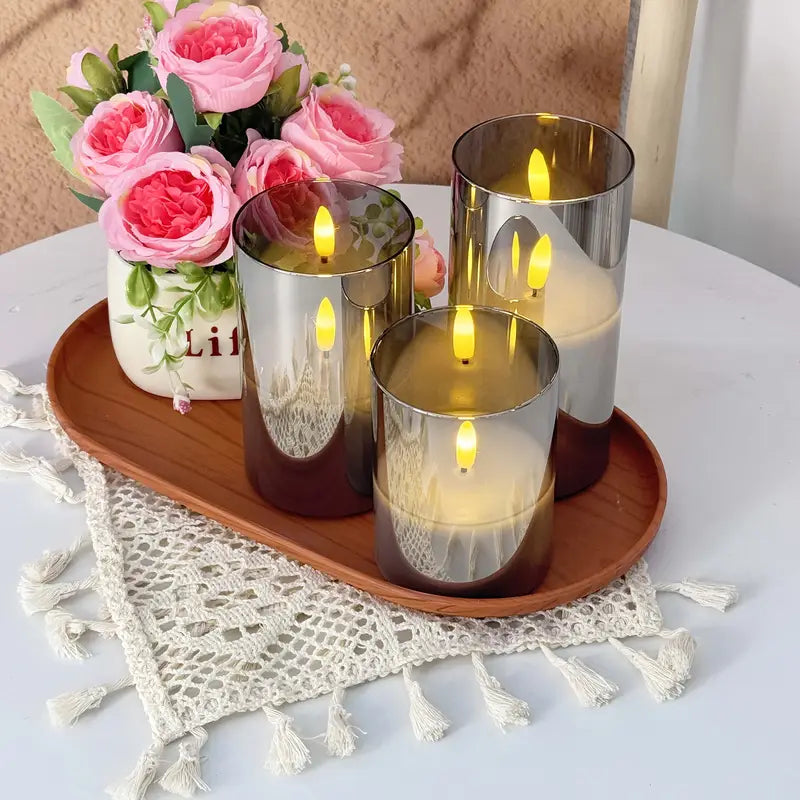 3-Pack Flameless LED Candles | Gray Pillar Set with Remote Control &amp; Realistic 3D Wick