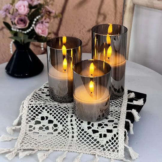 3-Pack Flameless LED Candles | Gray Pillar Set with Remote Control &amp; Realistic 3D Wick