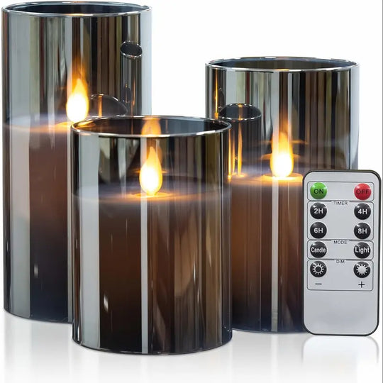 3-Pack Flameless LED Candles | Gray Pillar Set with Remote Control &amp; Realistic 3D Wick