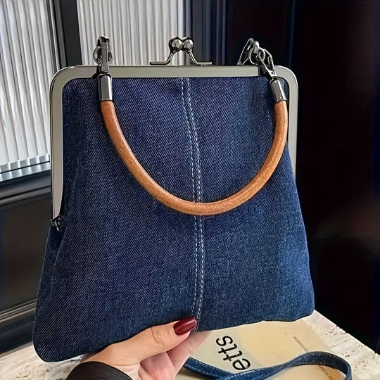 Borsa con struttura in denim blu da donna | Manico curvo marrone