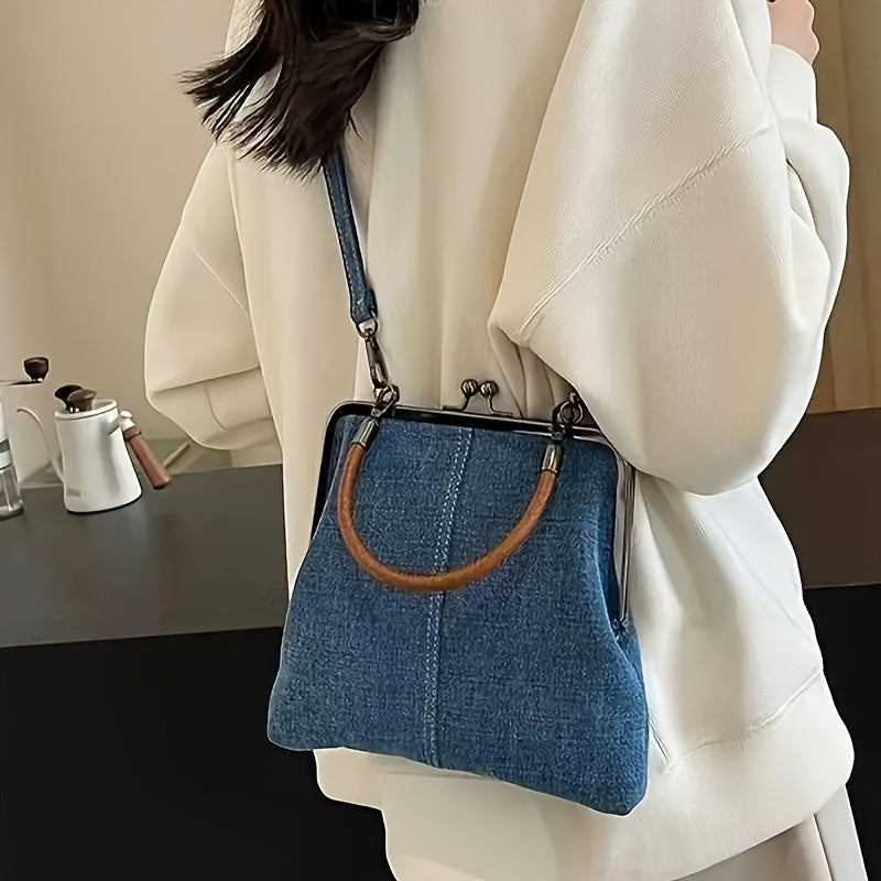 Borsa con struttura in denim blu da donna | Manico curvo marrone