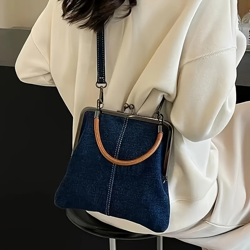 Blauw Denimframe Tas voor Vrouwen | Bruine Gebogen Hendel