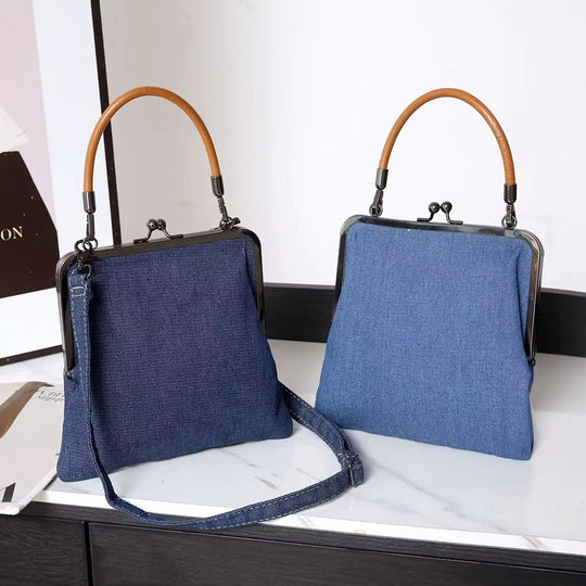 Borsa con struttura in denim blu da donna | Manico curvo marrone
