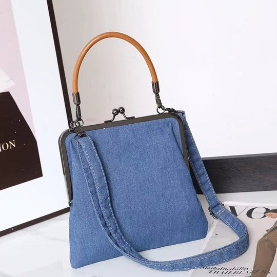 Borsa con struttura in denim blu da donna | Manico curvo marrone