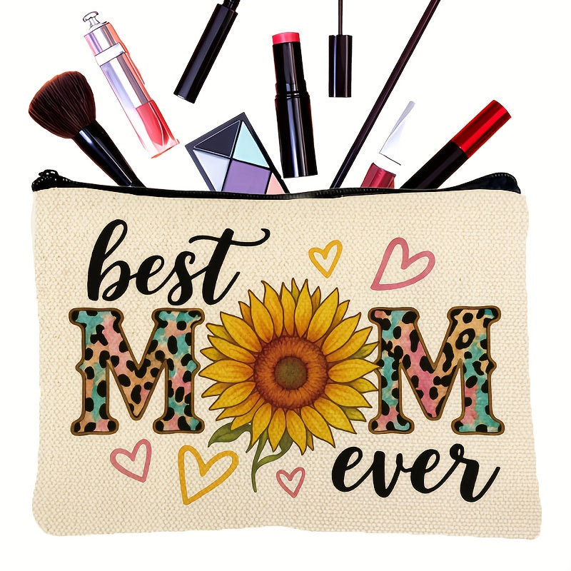 Toilettas voor dames met zonnebloem en de tekst 'Best Mom Ever' – Trendy cadeau voor mama