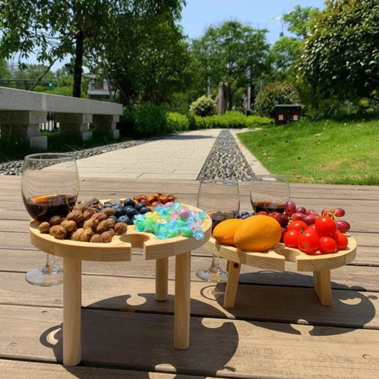 Wooden Picnic Table with Wine Glass Holder - Foldable