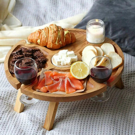 Wooden Picnic Table with Wine Glass Holder - Foldable