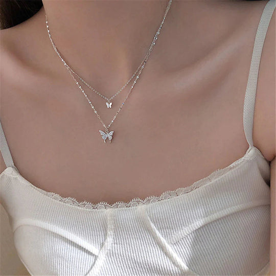 Refined Silver Necklace Set with Shimmering Butterfly