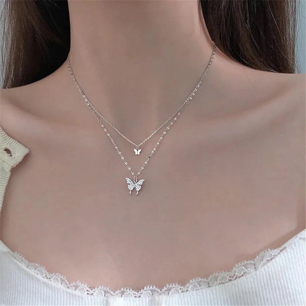 Refined Silver Necklace Set with Shimmering Butterfly