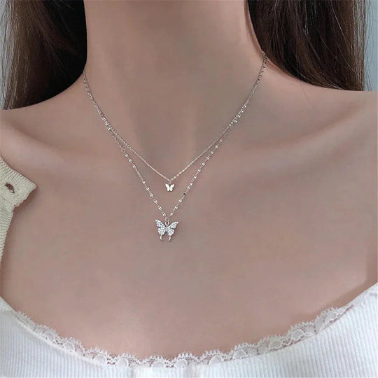 Refined Silver Necklace Set with Shimmering Butterfly