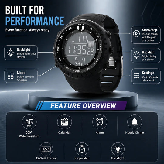 Digitaal Sporthorloge – Waterdicht &amp; Schokbestendig met LED, Alarm en Stopwatch