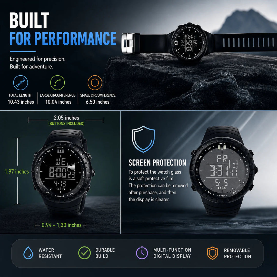 Digitaal Sporthorloge – Waterdicht &amp; Schokbestendig met LED, Alarm en Stopwatch