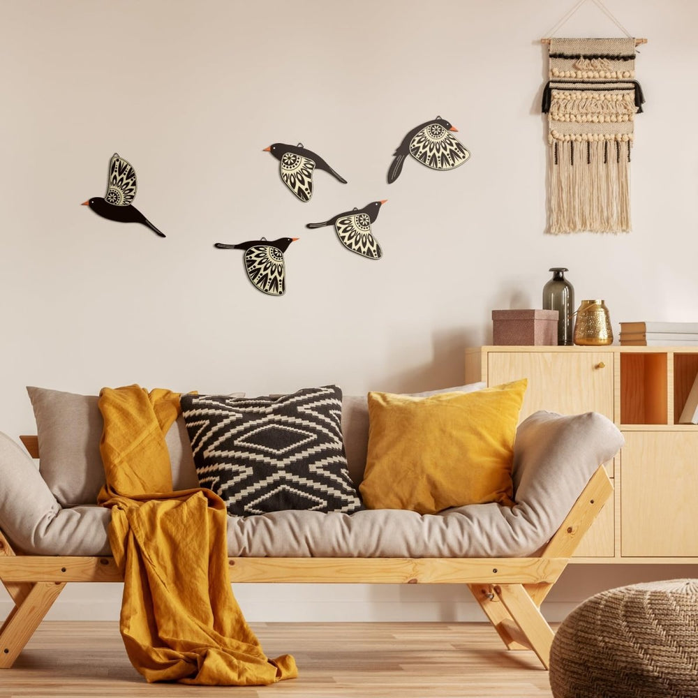 Set of 5 Bird Wall Decorations - Handmade Wooden Design