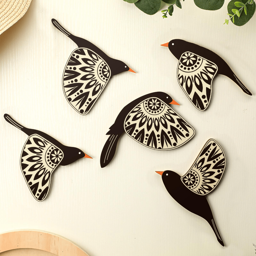 Set of 5 Bird Wall Decorations - Handmade Wooden Design