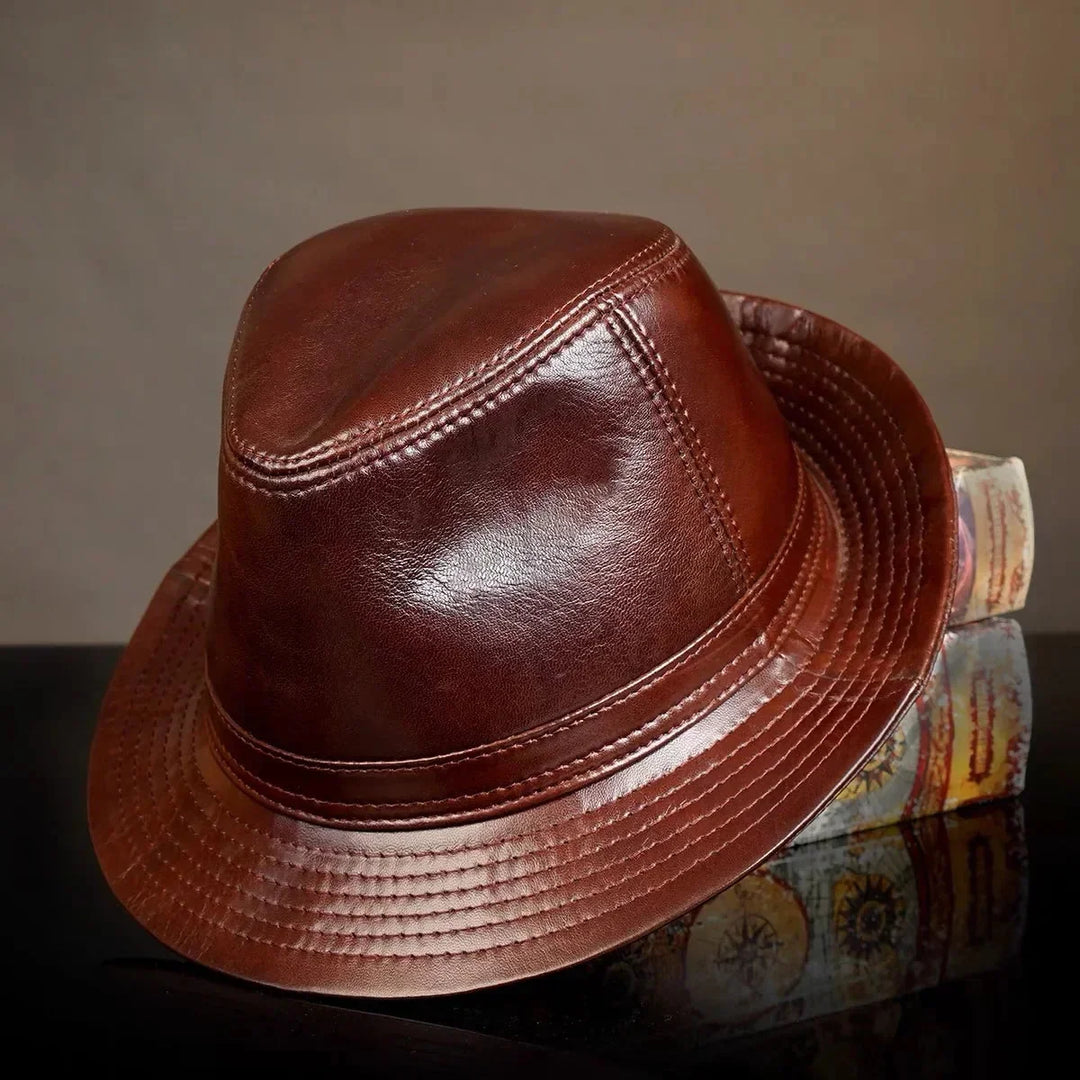 Leren Fedora Hoed - Gestructureerde Rand - Bruin/Zwart