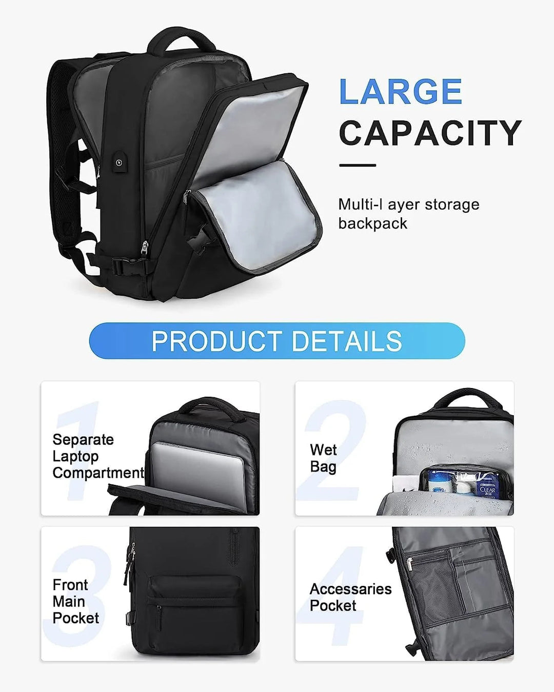 Reisrugzak 40L Waterdicht – Schoenvak, USB-poort &amp; Laptopvak